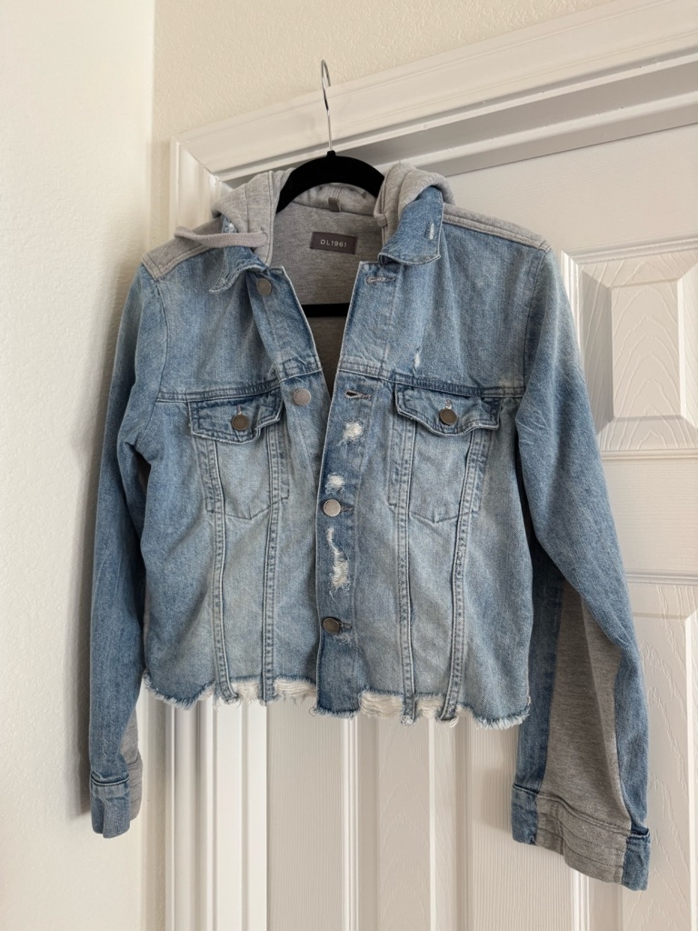 DL1961 Light Blue Distressed Denim Jacket with Grey Hood